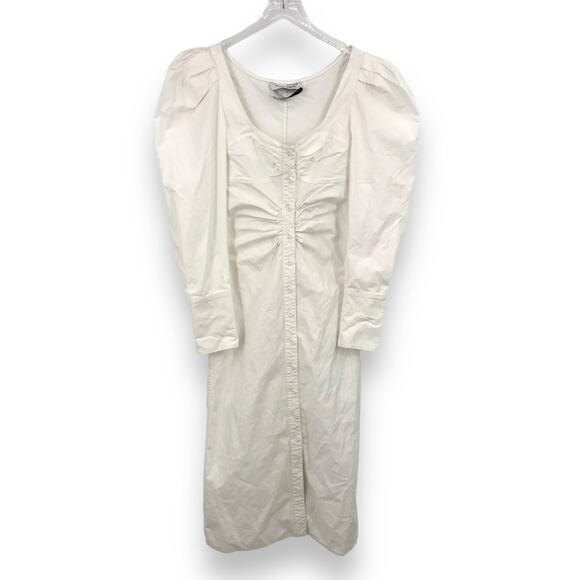 Prabal Gurung Ruched Button Up Dress 0 Scoop Neck Long Puff Sleeve Shirred White - Picture 1 of 7